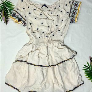 💙 Embroidered Linen Gathered Waist Layer Dress 💙